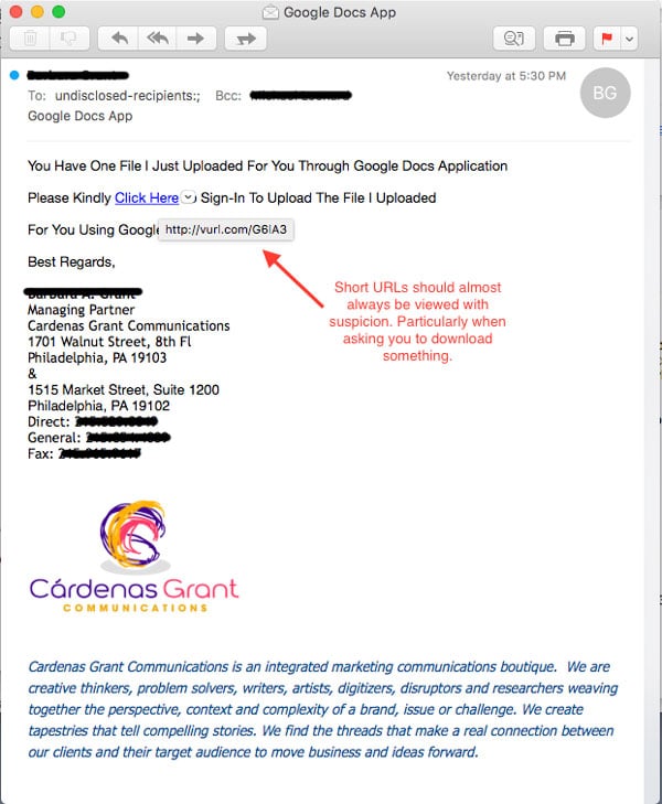 Email phishing example from contact