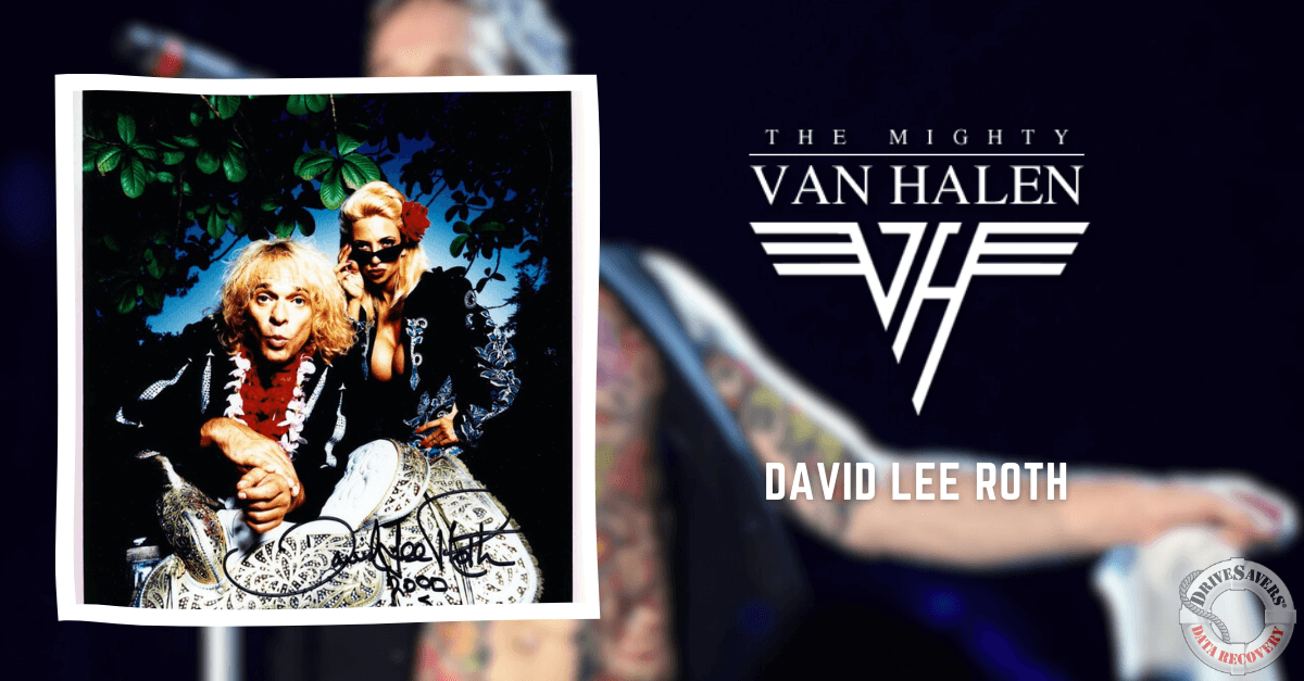 The poster is a vibrant and dynamic depiction of a band, featuring two animated figures striking lively poses. They are donned in colorful clothing and wigs that grab attention. Prominently displayed on the poster is the band name "Van Halen" alongside "David Lee Roth," rendered in bold text that stands out against the background. The iconic band's logo adds an extra layer of identity to the design. In the background, subtle details like a microphone and a tattooed arm enhance the musical theme and rock ambiance of the poster.