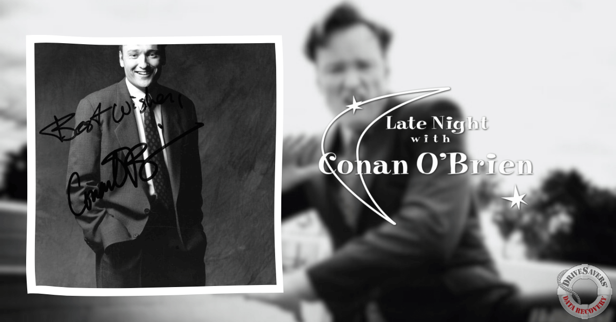 The promotional image for "Late Night with Conan O'Brien" showcases a charismatic black-and-white portrait of Conan O'Brien himself, dressed sharply in a suit. His signature adds a personal touch to the photograph, suggesting an authentic connection with his audience. The overall design captures the comedic and sophisticated essence of the show. In addition, there's a distinctive circular stamp in the lower right corner that adds an official and vintage flair to the image.