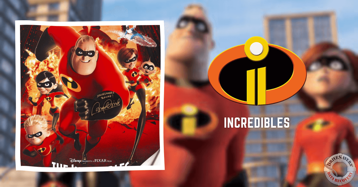 The poster for "The Incredibles" showcases the animated superhero family striking dynamic poses in their red suits with black masks. The family includes two adults, a teenager, a child, and a baby. Each member exudes their unique personality and powers through expressive stances. The background is vibrant and energetic, with the iconic logo prominently displayed on the right side of the image, adding to the overall sense of action and adventure.