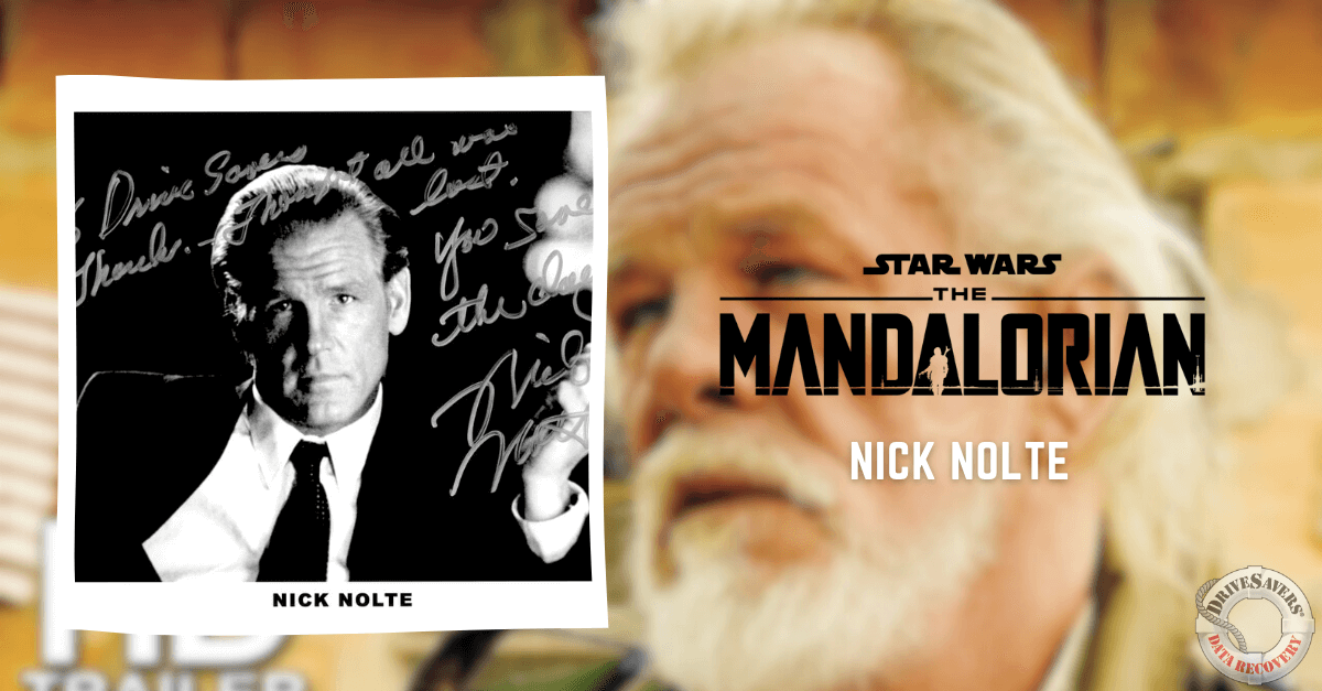 The promotional image for "The Mandalorian" highlights Nick Nolte prominently. It features a black and white signed photograph of him dressed in a suit, exuding a classic and professional vibe. His name is overlaid on the image, ensuring he's easily recognizable as part of the series' distinguished cast. The iconic Star Wars logo is positioned on the right, adding to the overall theme and setting of this popular series.