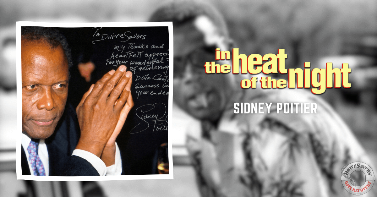 This image appears to be a creative design related to "In the Heat of the Night," a film featuring Sidney Poitier. The composition includes an inset image where a man in a suit is clapping with a serious expression, and the background presents a grayscale blurred depiction of likely another man in a suit, adding depth and focus on the central theme or individual. This design captures both the aesthetic and dramatic essence associated with Sidney Poitier's influential role in cinematic history.