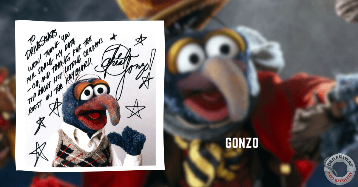 Create a collage featuring a handwritten note attributed to "Gonzo" alongside a photo of the character, who is distinguished by his blue feathers and long orange nose. He's dressed in a colorful, patterned sweater. To enhance the focus on the note and photo, use a blurred image of Gonzo as the background. This setup will highlight the main elements while maintaining an energetic and whimsical vibe that resonates with Gonzo's character.