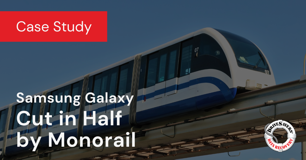 A modern monorail travels on an elevated track with a blue sky in the background. A red box in the top left corner reads "Case Study." Below, white text says "Samsung Galaxy Cut in Half by Monorail," with a logo in the bottom right corner.