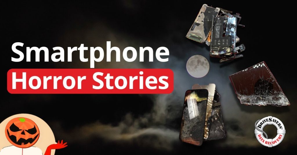 A Spooky-themed Graphic Titled "Smartphone Horror Stories" Features Damaged Smartphones Against A Cloudy Night Sky With A Full Moon. A Pumpkin Figure Raises Its Arms Next To An External Hard Drive That Keeps Disconnecting, Along With A Data Recovery Logo Looming Ominously.