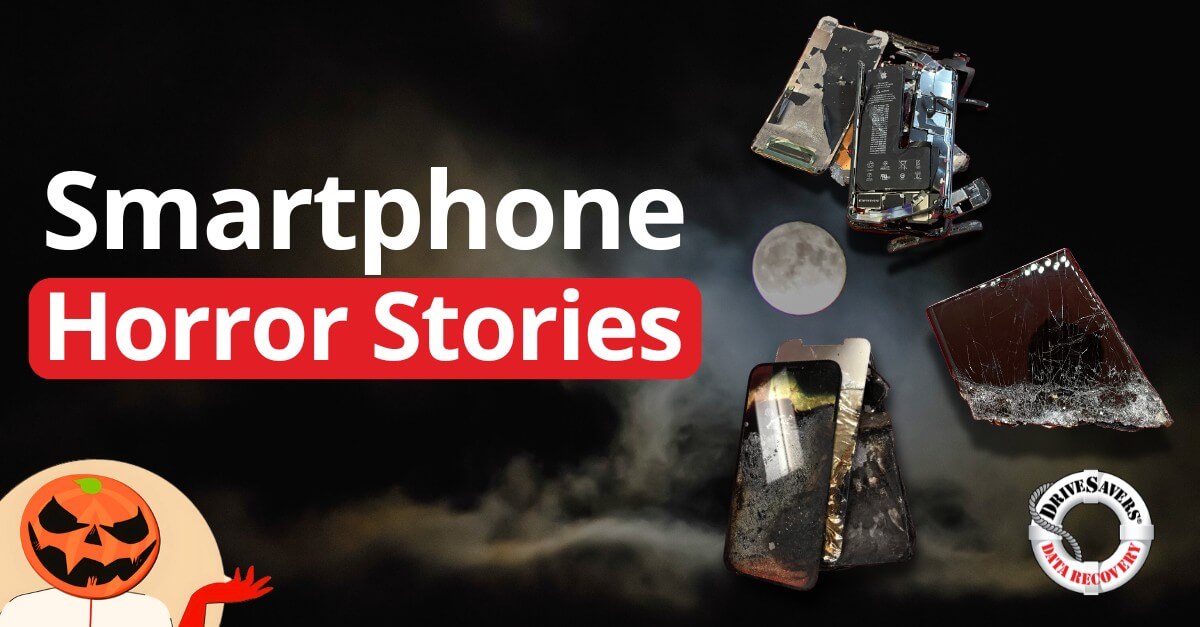 A spooky-themed graphic titled "Smartphone Horror Stories" features damaged smartphones against a cloudy night sky with a full moon. A pumpkin figure raises its arms next to an external hard drive that keeps disconnecting, along with a data recovery logo looming ominously.