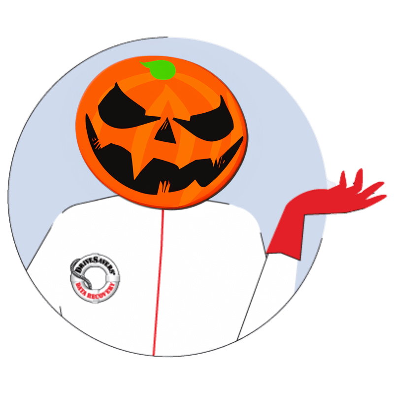 Illustration of a person with a pumpkin jack-o'-lantern as a head, wearing a white coat adorned with a circular logo and red gloves, against a light blue background. The right hand is raised and open, as if pondering why the external hard drive keeps disconnecting.