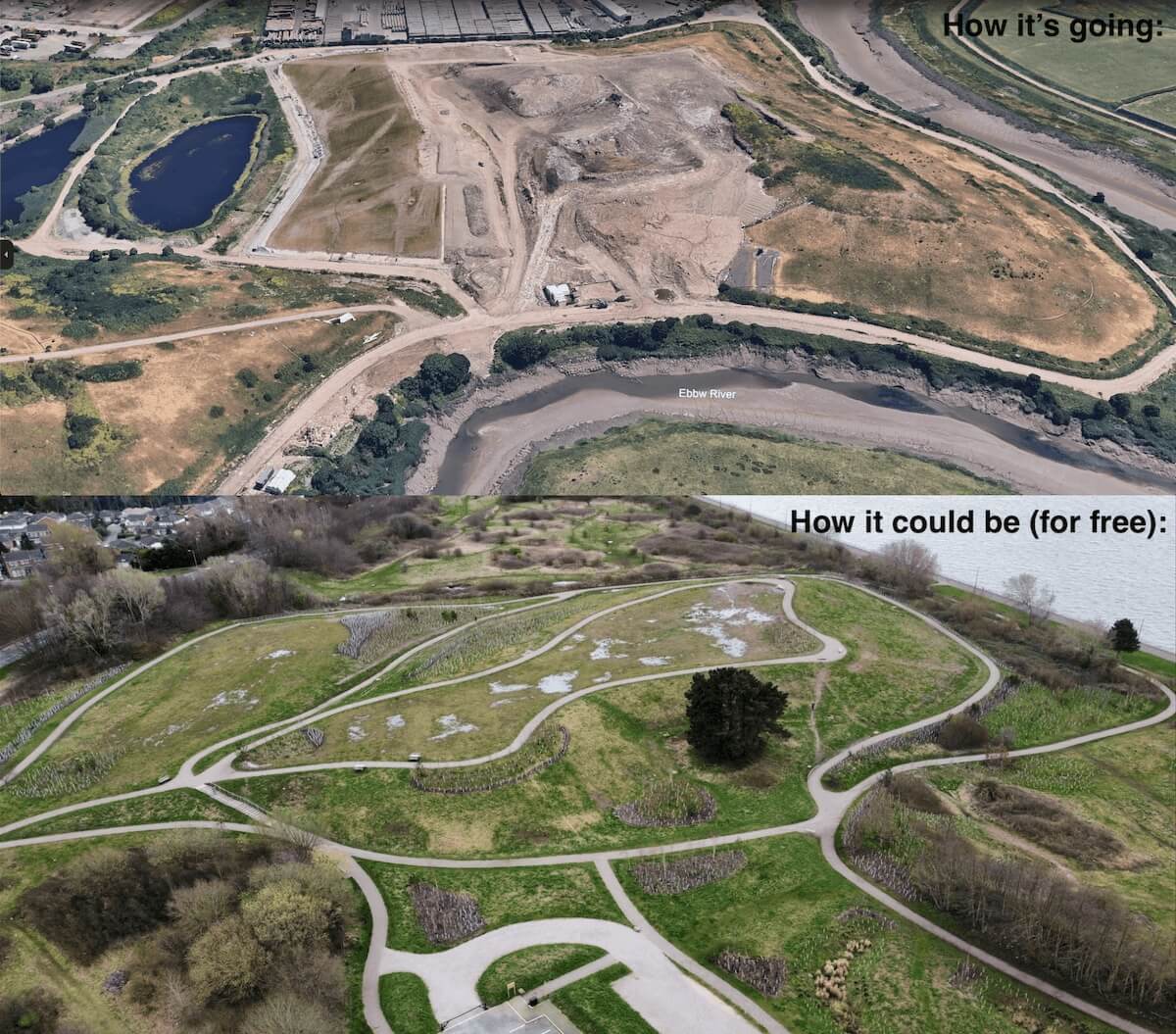 Top: A barren landscape with dirt roads and sparse vegetation labeled "How it's going." Bottom: A lush green park with winding paths and trees labeled "How it could be (for free), just like your external hard drive keeps disconnecting from potential greatness.