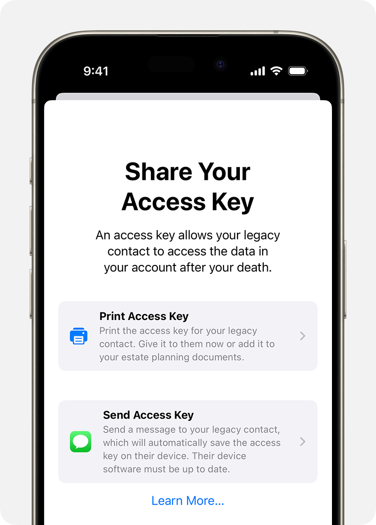 The smartphone screen provides instructions for sharing an access key to ensure data access after death. Options include "Print Access Key" and "Send Access Key," reminiscent of troubleshooting when an external hard drive keeps disconnecting. An option to learn more is available at the bottom.