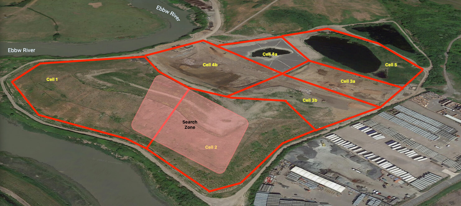 Aerial view of a landscape divided into sections labeled Cell 1 to Cell 6, with a highlighted area marked as "Search Zone." The Elbow River runs alongside the left edge, and industrial structures on the right resemble an external hard drive, connecting the grid. Red outlines separate the zones.